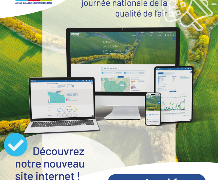 Vignette représentant un aperçu du site internetwww.atmo-bfc.org avec différents appareils et l'invitation "Découvrez notre nouveau site internet!"