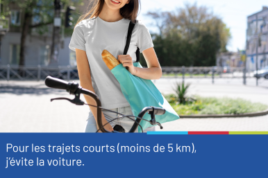 Photo d'une femme sur un vélo portant un totebag d'où sort une baguette de pain. La photo est accompagnée du conseil "Pour les trajets courts (moins de 5 km), j'évite la voiture."