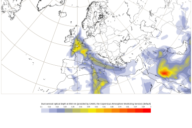 Carte de prévision du passage des poussières sahariennes ce vendredi 06 mars matin par Copernicus