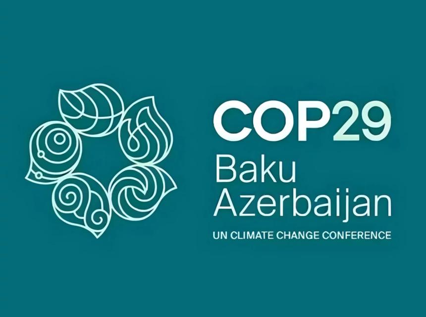 Logo de la COP29 se tenant à Bakou, en Azerbaïdjan avec la baseline "conférence des Nations Unies sur le climat" (en anglais "U.N. Climate change conference))